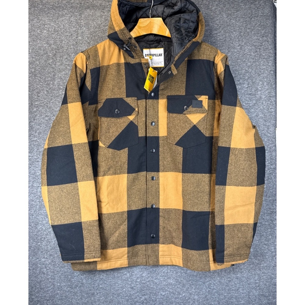 NWT Caterpillar Hooded Shirt Jacket Mens XL Bronze Black Plaid Quilted Insulated